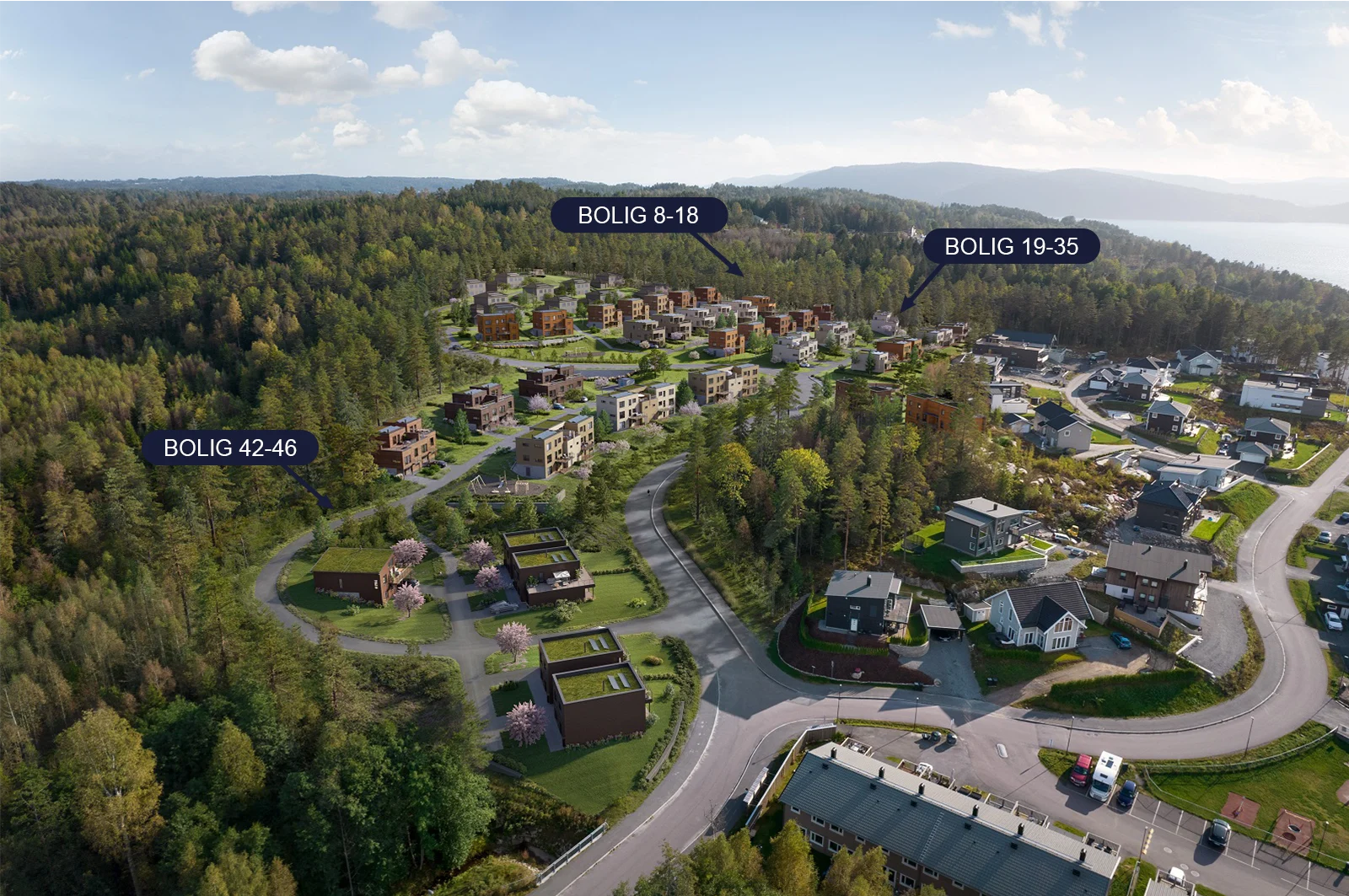 Dronebilde over området med boligene tegnet inn og boligfelt markert